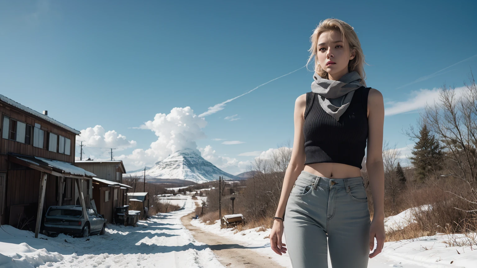 official art, unity 8k wallpaper, ultra detailed, beautiful and aesthetic, masterpiece, best quality,Masterpiece, full body shot of a beautiful  Norwegian teenage girlost-apocalyptic frozen wilderness, punk blonde short hi-top hair shaved on sides, blue-grey eyes, very pale skin, high detailed skin, runners slim body, tense face, dramatic face, tough face, very tired face, wearing military dirty white pants, wearing a military scarf white and grey pattern, wearing a winter camo military vest, wearing punk jewelry, viking tatoos, Badass girl, killer girl, wild girl, post-apocalyptic style, RAW, Dramatic lighting, threatening nordic sky, 8K, ultra high res.photorealistic, UHD, DSLR, Phase one XF IQ4, 150 MP, apocalyptic and devastated frozen snowy landscape in the background, dirt, dust, rumbles, debries, Mad Max movie vibes