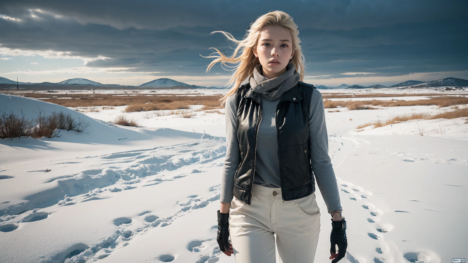 official art, unity 8k wallpaper, ultra detailed, beautiful and aesthetic, masterpiece, best quality,Masterpiece, full body shot of a beautiful 13 years old Norwegian teenage girl in a post-apocalyptic frozen wilderness, punk blonde short hi-top hair shaved on sides, blue-grey eyes, very pale skin, high detailed skin, runners slim body, tense face, dramatic face, tough face, very tired face, wearing military dirty white pants, wearing a military scarf white and grey pattern, wearing a winter camo military vest, wearing punk jewelry, viking tatoos, Badass girl, killer girl, wild girl, post-apocalyptic style, RAW, Dramatic lighting, threatening nordic sky, 8K, ultra high res.photorealistic, UHD, DSLR, Phase one XF IQ4, 150 MP, apocalyptic and devastated frozen snowy landscape in the background, dirt, dust, rumbles, debries, Mad Max movie vibes