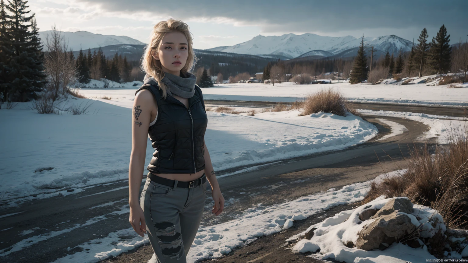 official art, unity 8k wallpaper, ultra detailed, beautiful and aesthetic, masterpiece, best quality,Masterpiece, full body shot of a beautiful 13 years old Norwegian teenage girl in a post-apocalyptic frozen wilderness, punk blonde short hi-top hair shaved on sides, blue-grey eyes, very pale skin, high detailed skin, runners slim body, tense face, dramatic face, tough face, very tired face, wearing military dirty white pants, wearing a military scarf white and grey pattern, wearing a winter camo military vest, wearing punk jewelry, viking tatoos, Badass girl, killer girl, wild girl, post-apocalyptic style, RAW, Dramatic lighting, threatening nordic sky, 8K, ultra high res.photorealistic, UHD, DSLR, Phase one XF IQ4, 150 MP, apocalyptic and devastated frozen snowy landscape in the background, dirt, dust, rumbles, debries, Mad Max movie vibes