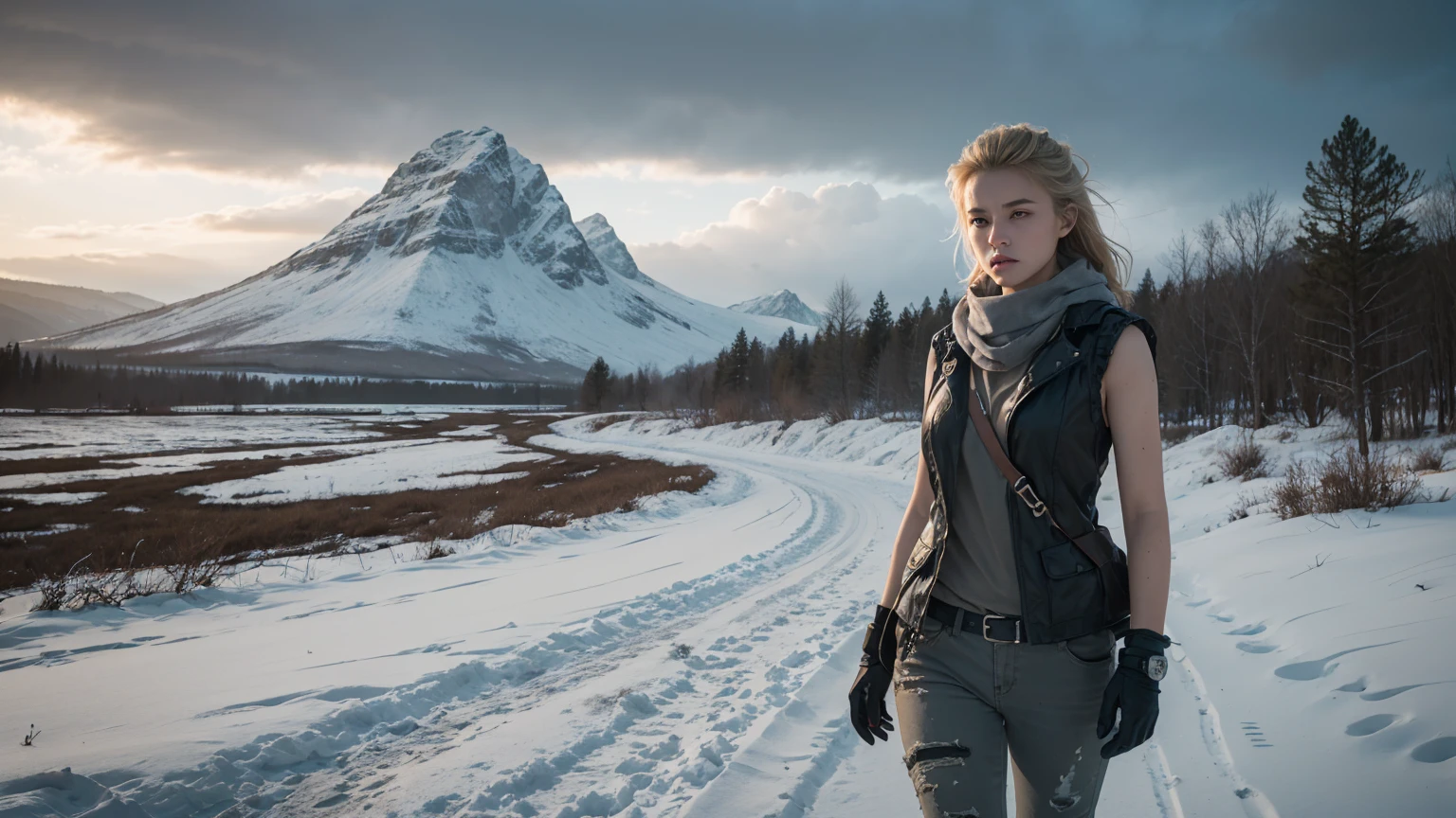 official art, unity 8k wallpaper, ultra detailed, beautiful and aesthetic, masterpiece, best quality,Masterpiece, full body shot of a beautiful 13 years old Norwegian teenage girl in a post-apocalyptic frozen wilderness, punk blonde short hi-top hair shaved on sides, blue-grey eyes, very pale skin, high detailed skin, runners slim body, tense face, dramatic face, tough face, very tired face, wearing military dirty white pants, wearing a military scarf white and grey pattern, wearing a winter camo military vest, wearing punk jewelry, viking tatoos, Badass girl, killer girl, wild girl, post-apocalyptic style, RAW, Dramatic lighting, threatening nordic sky, 8K, ultra high res.photorealistic, UHD, DSLR, Phase one XF IQ4, 150 MP, apocalyptic and devastated frozen snowy landscape in the background, dirt, dust, rumbles, debries, Mad Max movie vibes