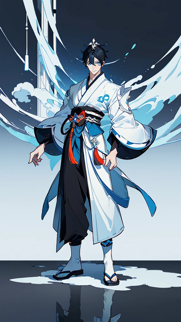 ((Genshin impact style)) (masterpiece), (high quality), 1 boy, , masculine and tall body, white skin, ((medium short black hair)), ((light blue and cold eyes)), designs from East Asian, Game character costume design, Japanese clothing style with a dark blue, white and black color palette, Japanese hair accessories, ((White background)) ((full body standing up))