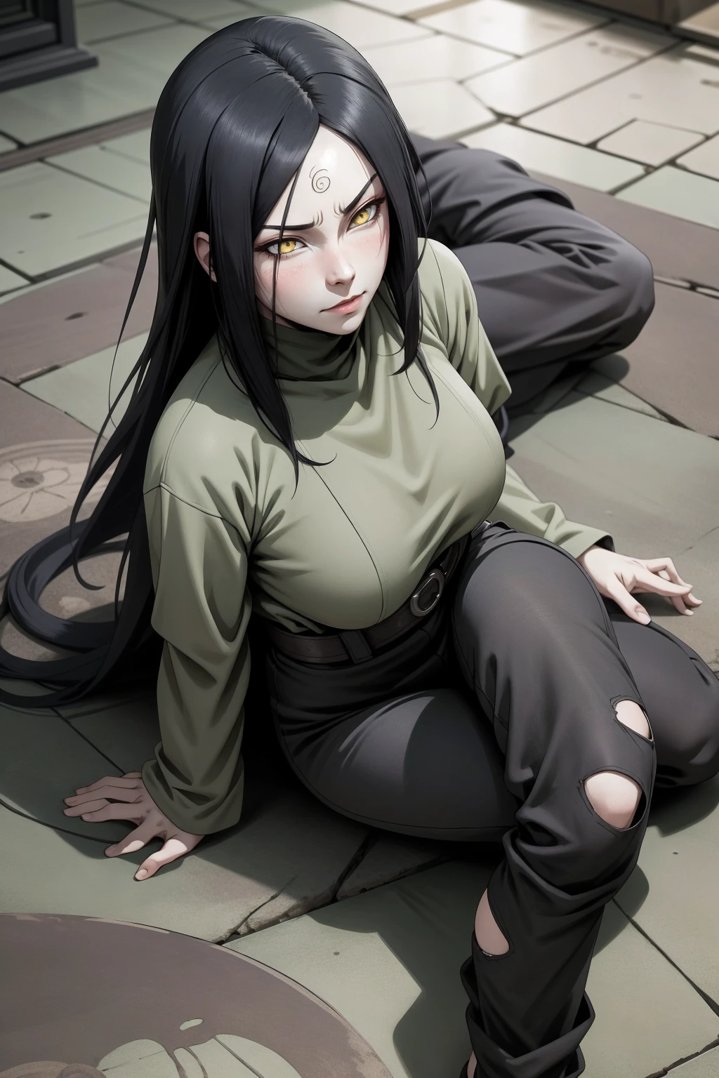 {-erro_de_anatomia:1.0} estilo anime, Masterpiece, absurdities, Orochimaru\(Naruto\), 1girl Solo, Mature woman, Oversized shirt with broad shoulders, Perfect composition, Detailed lips, large breasts, Beautiful face, body proportion, Blush, Long black hair, ( black hair), yellow eyes, (sexy), Soft gauze, Super realistic, Detailed, photo shoot, Realistic faces and bodies, masterpiece, best quality, best illustration, hyper detailed, 1 girl, solo, glamorous, blushing, whole body, sitting on the ground, dimanic poses