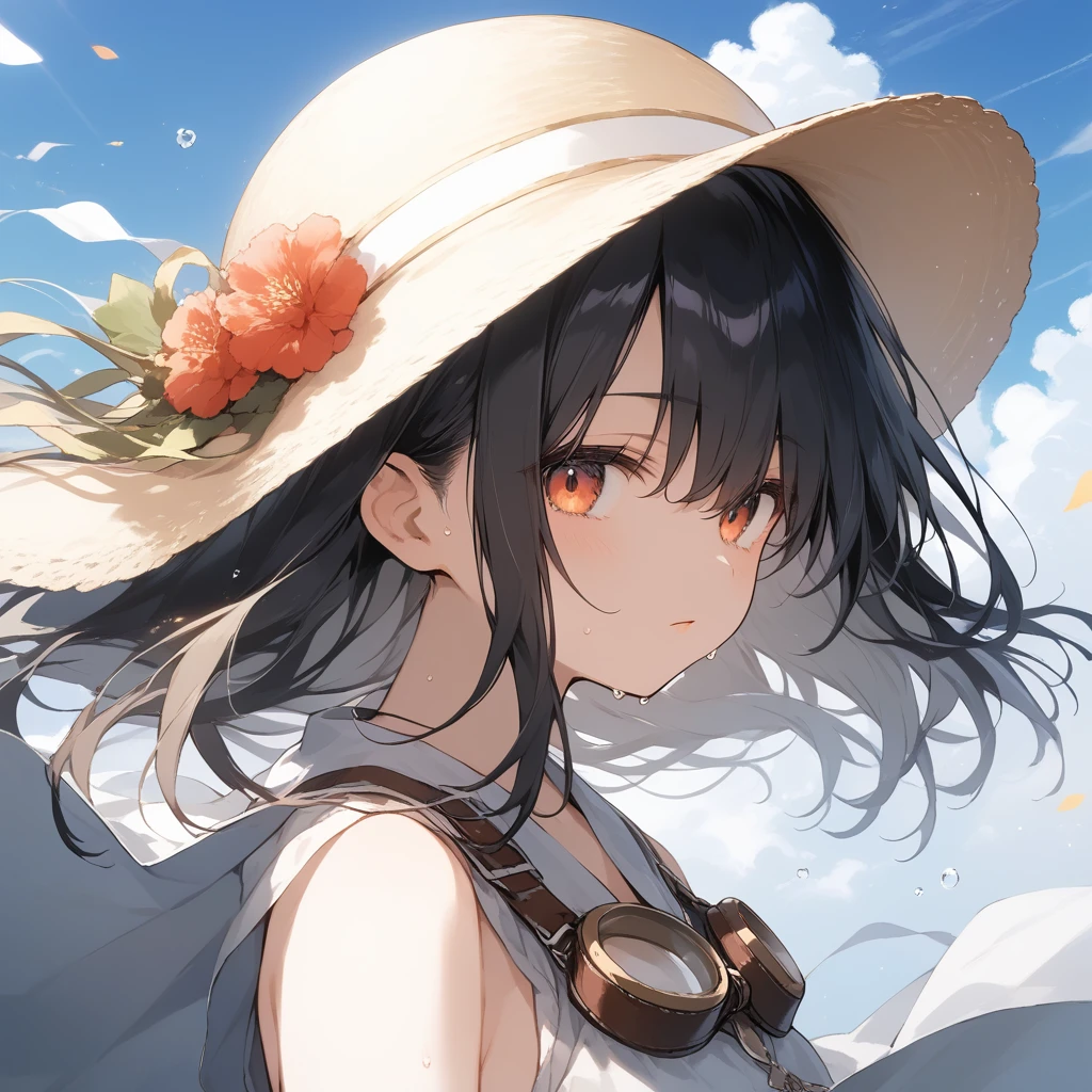 score_9, score_8_up, score_7_up, source_anime, best quality, masterpiece, official art, absurdres, highres, ultra-detailed,waifu2x,Collection: Slice of Life,break,1girl, 15-year-old, short hair, hair over one eye, small breasts, beautiful detailed eyes, well-proportioned iris and pupils, beautiful detailed lips, cap, goggles on headwear, skirt, sweat, expressionless, sleepily, fantasy, outdoors, wind, break,(clear line illustration:1.2),very high resolution, very aesthetic, super detailed skin, Best cinematic lighting powered by famous artist, 8k, beauty illustration,photoshop_(medium),,(Detailed Lighting),best anime 8k konachan wallpaper, pixiv contest winner,