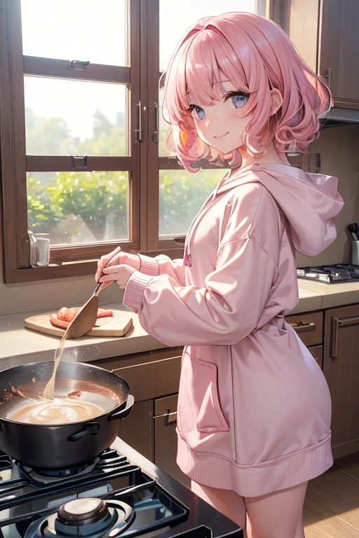 (One transcendent beautiful girl)、ultra-detailed、(8K, RAW photo, best quality, masterpiece:1.2), (extremely detailed 8K wallpaper),professional lighting,sharp focus, depth of field、(((Detailed and accurate face))),((side shot)),nfws,((Pink short bob、Fluffy curly hairy、Rainbow colored inner curl hair))、((Highest quality)), ((masterpiece)), (((A simple, baggy hoodie、barefoot))),((Perfect Face、Beautiful Eyes)),((kitchen))、((standing and cooking、smile))