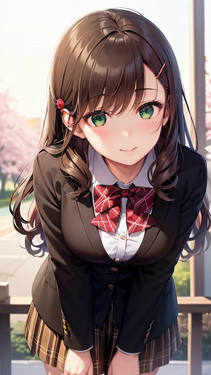 ((masterpiece, best quality, highres, UHD, perfect pixel, depth of field, 4k, RTX, HDR))), 1girl, single, solo, beautiful anime girl, beautiful artstyle, anime character, ((long hair, bangs, dark brown hair, curly hair:0.4, simple hair pin)), ((green eyes:1.4, rounded eyes, beautiful eyelashes, realistic eyes)), ((detailed face, blushing:1.2)), ((smooth texture:0.75, realistic texture:0.65, photorealistic:1.1, anime CG style)), medium breasts, ((dynamic angle, close up, pov)), perfect body, ((red bowtie, , black jacket, open jacket, brown cardigan, white shirt, black skirt, plaid skirt)), smile, hand behind back, leaning forward, amusement park, cherry blossoms