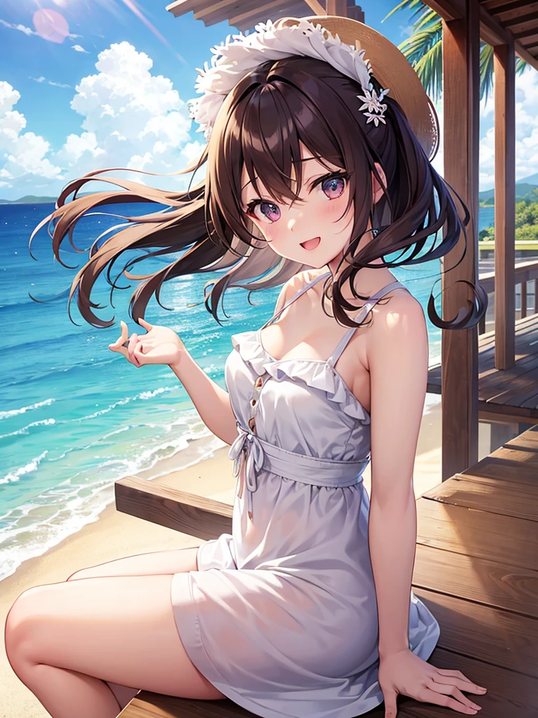 Location in Japan, Anime 1 girl, Brown hair, Eye color at the top is blue to the bottom is slightly purple, Cute face, Slim body, Medium and firm breasts, Slightly messy hair, smooth white skin like Mutia, The sun has set, on the beach, looking at the beach view, Raising one hand, wearing a summer dress, Happy smiling, masterpiece, 8k.