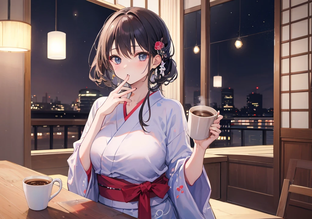 ((Highest quality)), ((masterpiece)), (detailed), One girl, yukata, Drink coffee, night,indoor, Perfect Fingers, 