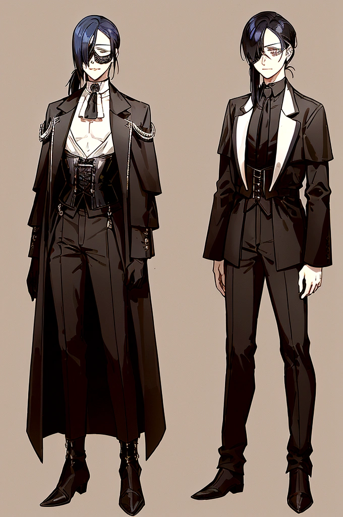 (masculine) (android) (only one person) (25 years) (appearance of a young adult) (his hair is navy blue, accompanied by lighter blue highlights, which she keeps tied up in a long ponytail that reaches to her waist. His bangs are cut into a long fringe that falls over the right side of his face and almost covers his right eye.. (a tall young man, about 24 years old) (thin complexion and sepia skin, which stands out for giving it a strange appearance. Its visible eye is sharp and periwinkle with long eyelashes and the same diamond-shaped pupil.,his clothes were black, in the torso, wore a corset. negro, and tight black pants, He wore boots that reached a little above his knees., He wore an eyepatch over his right eye., He had black gloves and a black cape with a little feathers and the clothes had an opening that showed his pectorals.) (background of a clear sky with vegetation and is on a balcony)