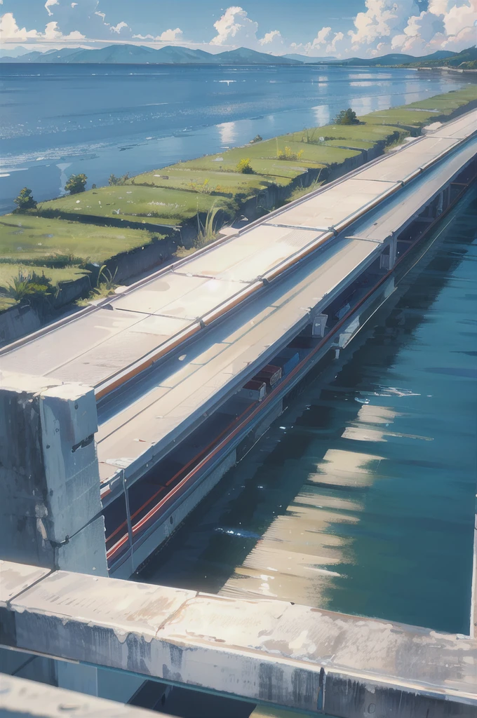 no humans, scenery, vanishing point, from below, masterpiece, best quality, 8k, absurdres, water surface, summer, noon, sunlight, blue sky, perspective, depth of field, highres, finely detail, ultra-detailed, sharp focus