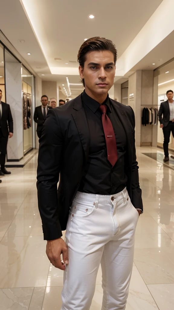 Aqui está o prompt atualizado com as mudanças solicitadas:
"A handsome and attractive man with a more masculine appearance, short straight hair slicked back, brown eyes, and lightly tanned skin. He is dressed in a stylish dark black blazer, white shirt, red tie, and jeans, exuding power and confidence. He is standing in a modern shopping mall, surrounded by sleek architecture, high-end stores, and bright lighting. The overall atmosphere is vibrant and contemporary, highlighting luxury and sophistication. His face is highly realistic, capturing fine details and lifelike expressions."