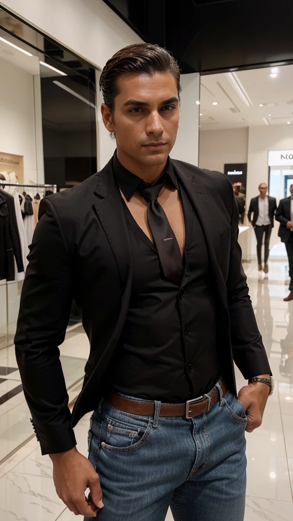 Aqui está o prompt atualizado com as mudanças solicitadas:
"A handsome and attractive man with a more masculine appearance, short straight hair slicked back, brown eyes, and lightly tanned skin. He is dressed in a stylish dark black blazer, white shirt, red tie, and jeans, exuding power and confidence. He is standing in a modern shopping mall, surrounded by sleek architecture, high-end stores, and bright lighting. The overall atmosphere is vibrant and contemporary, highlighting luxury and sophistication. His face is highly realistic, capturing fine details and lifelike expressions."