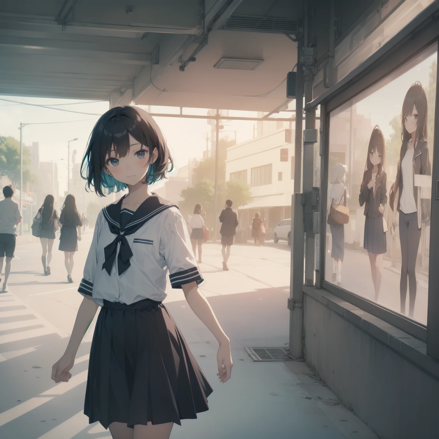 ultra-absurdres-Top quality by artist God, ultra-detailed, high resolution, anime moe artstyle, best anime 8k konachan wallpaper, pixiv contest winner, pool:2810, perfect anatomy,break, 1girl, (Please draw a girl walking sleepily to school alone. )break,(Solo,little female, 13-year-old:1.3),Full limbs, complete fingers,a junior high school student, (very short hair), short cut, flat chest, , small butt, small black eyes, beautiful detailed eyes, well-proportioned iris and pupils, expressive eyes, highres detailed hair, soft expression, salor school_uniform, sailor collar, serahuku, bow, pleated skirt,(Detailed Lighting), (Detailed background), in the School commute route. break,super detailed skin, Best cinematic lighting powered by famous artist, 8k,beauty illustration,photoshop_(medium),very aesthetic,break,((artist:saiguchi_otoufu )), artist:clamp ,artist:carnelian ,artist:kantoku ,
