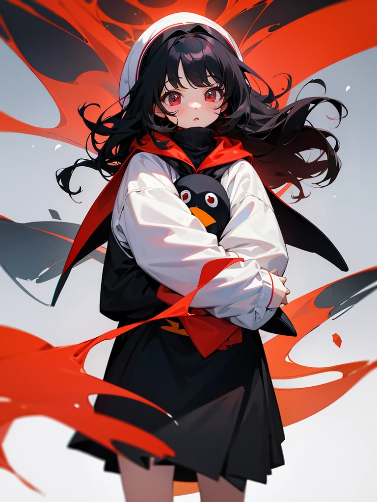 Raise a 5 year old she has crimson eyes,wavy black hair,bangss,is holding a stuffed penguin and her clothes are cute, make the character anime style