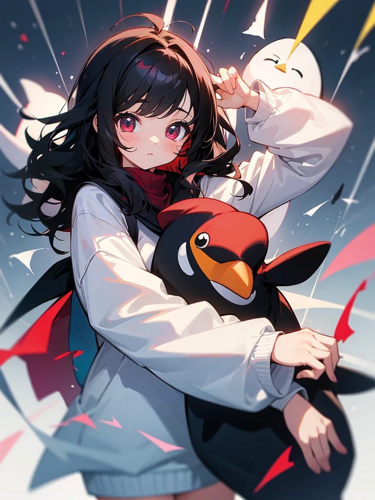 Raise a 5  she has crimson eyes,wavy black hair,bangss,is holding a stuffed penguin and her clothes are cute, make the character anime style