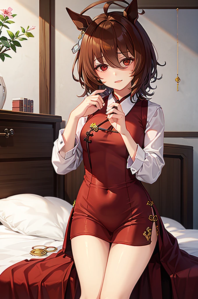 ((Highest quality)), ((masterpiece)), Highest quality),Red mini cheongsam,barefoot,Full body portrait,Open your legs,Bed,Push down,Shy face,
