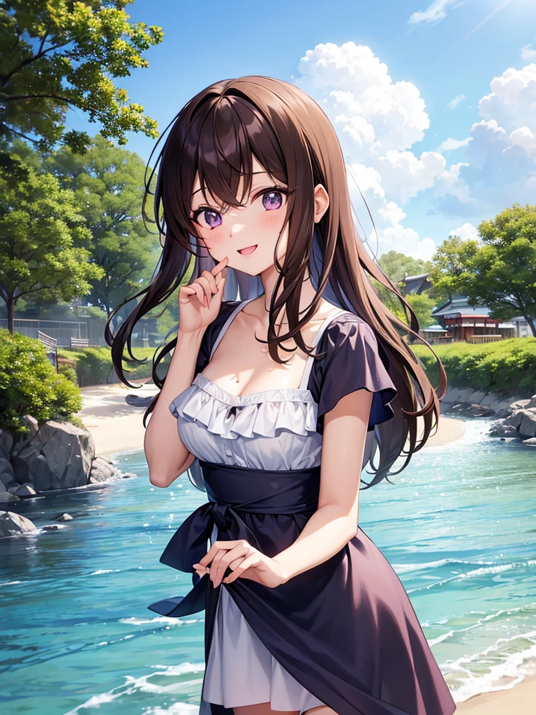 Location in Japan, Anime 1 girl, Brown hair, Eye color at the top is blue to the bottom is slightly purple, Cute face, Slim body, Medium and firm breasts, Slightly messy hair, smooth white skin like Mutia, The sun has set, on the beach, looking at the beach view, Raising one hand, wearing a summer dress, Happy smiling, masterpiece, 8k.