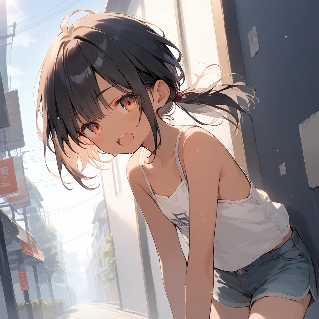 score_9, score_8_up, score_7_up, source_anime, best quality, masterpiece, official art, absurdres, highres, ultra-detailed,waifu2x,Collection: Slice of Life,break,1girl, tomboy, dark-skinned female, short hair, low ponytail, flat chest, beautiful detailed eyes, short shorts, sweat, open mouth, (yawn:0.3), sleepily, outdoors, wind, break,(clear line illustration:1.2),very high resolution, very aesthetic, super detailed skin, Best sexual lighting powered by famous artist, 8k,cute picture,beauty illustration,photoshop_(medium),,(Detailed Lighting),best anime 8k konachan wallpaper, pixiv contest winner, 