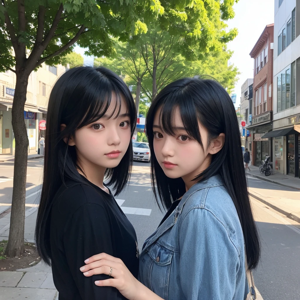 A girl with black hair bob and a girl with long black hair layered cut.
The background is a street tree.
a head-to-chest photo.