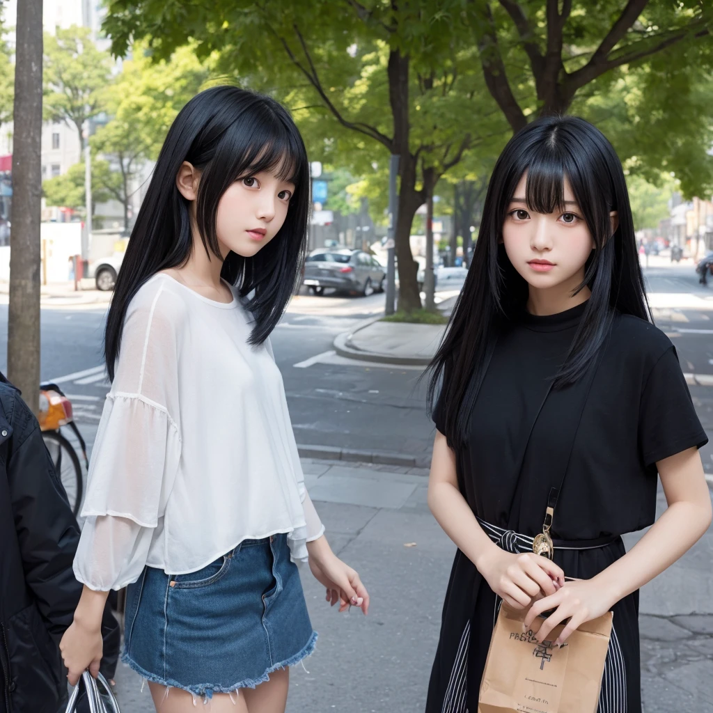 A girl with black hair bob and a girl with long black hair layered cut.
The background is a street tree.
a head-to-chest photo.