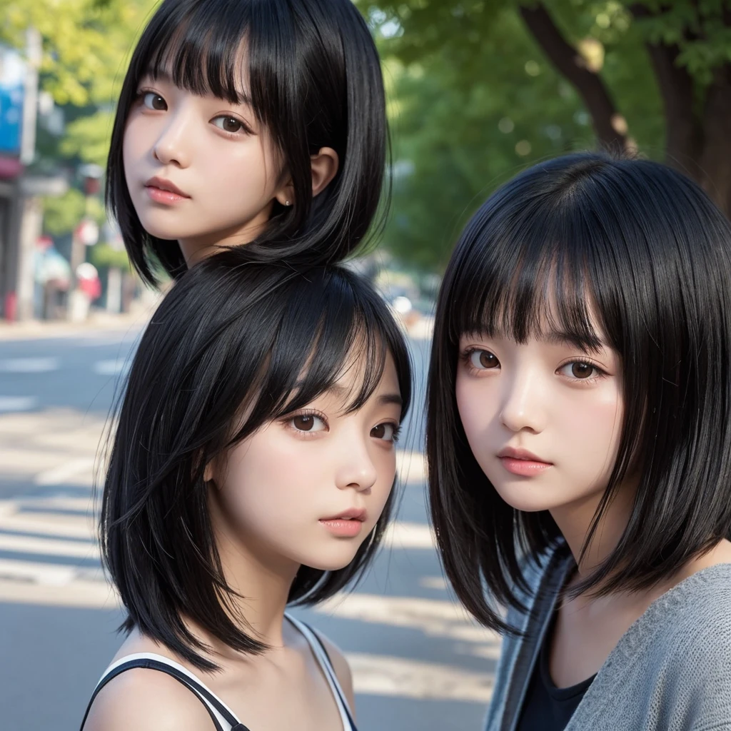 A girl with black hair bob and a girl with long black hair layered cut.
The background is a street tree.
a head-to-chest photo.