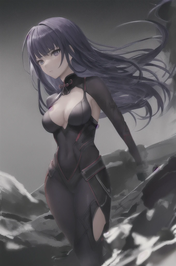 Master piece, High Quality, 1Girl, Raiden Shogun, Body Suit purple, Hero Pose, Hands behind back