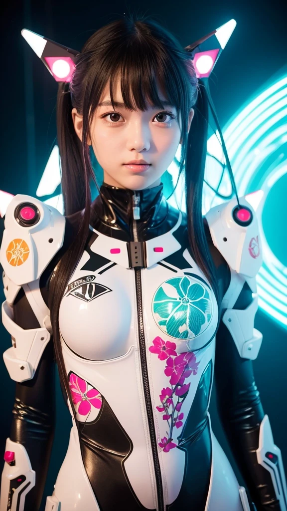 "A girl wearing a semi-transparent anime-style bodysuit with a lot of exposed skin, similar to those in Evangelion. The suit has flashy patterns, and her entire skin is covered with art paint designed with plant motifs. She has a sexy face and figure. She is in a capsule that looks like a futuristic life support device, filled with light and switches glowing in various colors. The girl is looking up and making eye contact with the camera. I am looking down at her from a slightly elevated angle, with the composition centered around her face."
