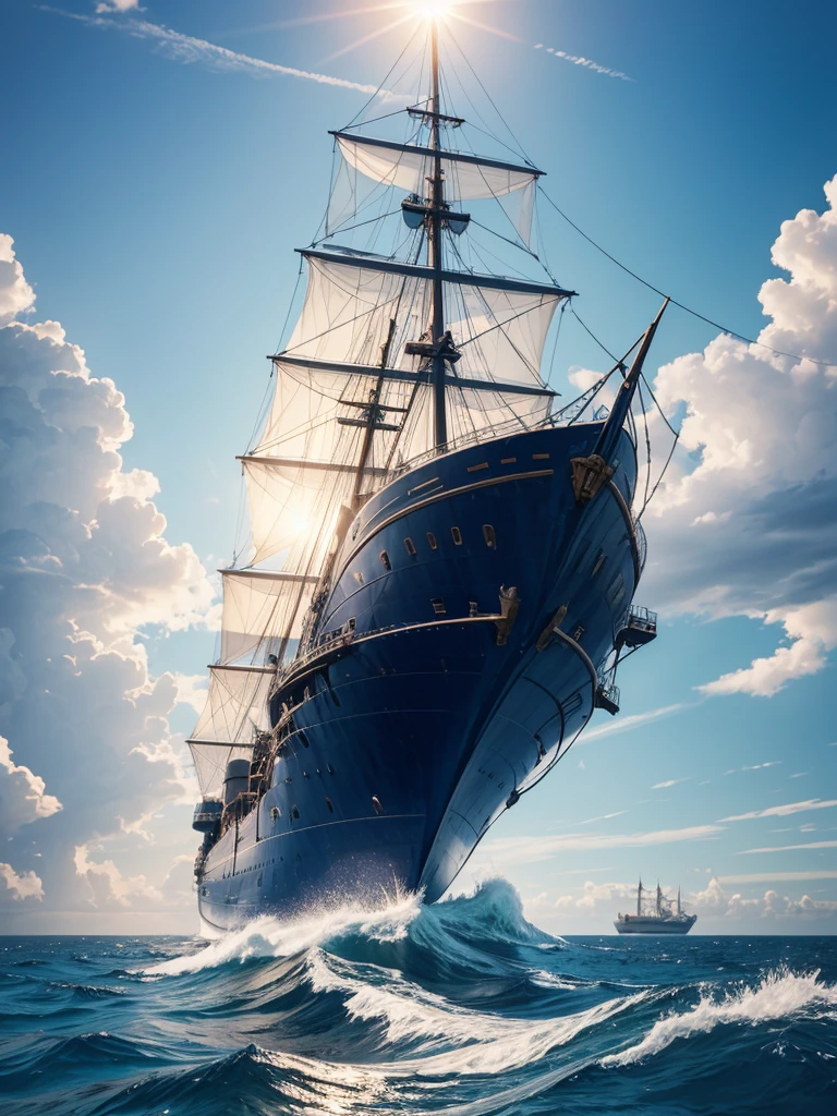 Create a highly realistic、Photographic style image of sunlight，Depicting the once-fast and nimble ships that moved across the oceans. blue sea, blue sky, 