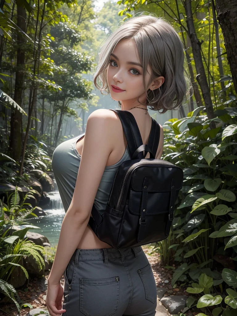 ((masterpiece)), ((best quality)), (ultra-detailed), ((extremely detailed)), 4K, (8K), best quality, a beautiful woman, (( gray hair)), ((curly bob cut)), hair in 7 thirds, light blue eyes, detailed skin, freckled skin, 20 years old, ((wavy hair)), ((hair over one ear)), ((Forehead)), ((1girl, solo))
In the woods, hiking, white tank top, navel out, moss green cargo pants, ((carrying a big black backpack)), huge trees, from behind, looking back, smiling, looking at me, beautiful butt silhouette