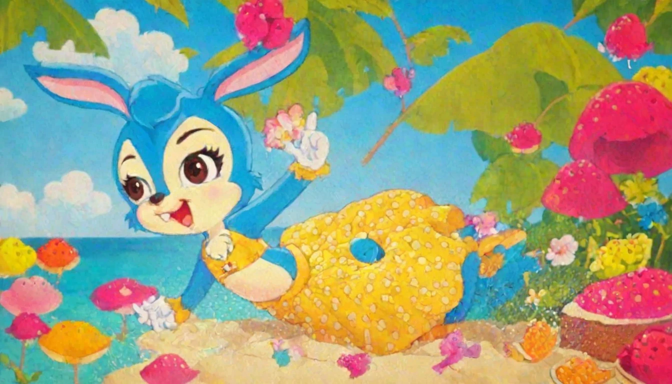 lantu,, masterpiece, best quality,Solitary,Animal ears,open mouth,Rabbit ears,Smile,hairy的,Happy,1 girl,Sexy look,Beach,Bikini,Brown eyes,blush,Gloves,Gloves,hairy,Animal nose,Leg lift,Bunny Girl,Blue fur,Blue Hair,Tail,flat chest,Raise your arms,