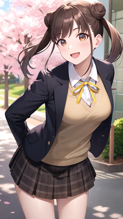 masterpiece, best quality, highres, aachiyoko, double bun, twintails, neck ribbon, yellow ribbon, collared shirt, sweater vest, blazer, black jacket, open clothes, long sleeves, plaid skirt, brown skirt, outdoor, cherry blossoms, smile, leaning forward, standing, cowboy shot, open mouth, arms behind back,