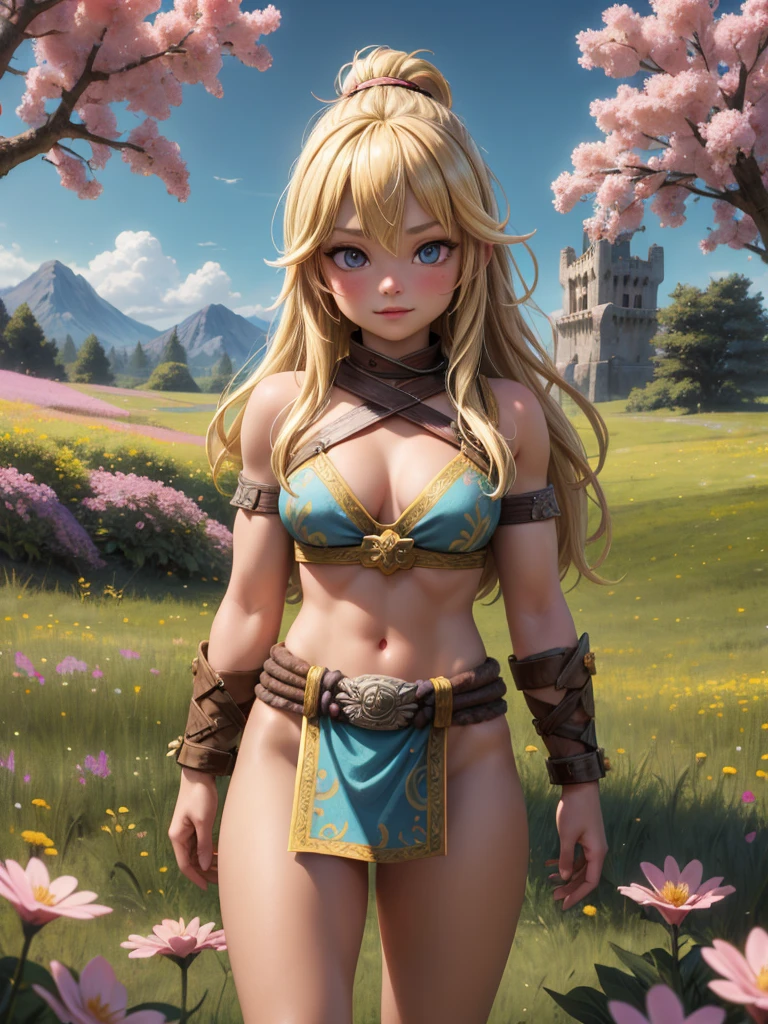 Create a fantasy image of a Well endowed, blonde female barbarian warrior with a loincloth, standing in a field of colorful flowers with a black tower in the background, absurdres, high res, ultrasharp, 8K, masterpiece, looking at viewer