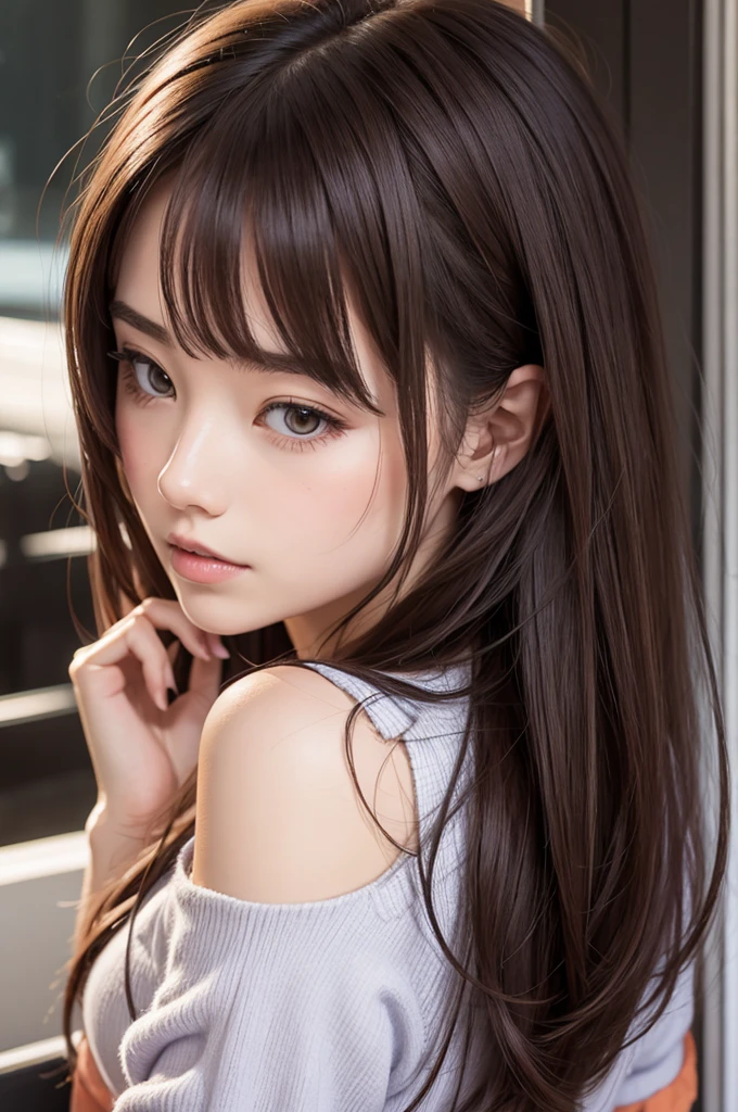 Anime style girl with purple details brown hair 
