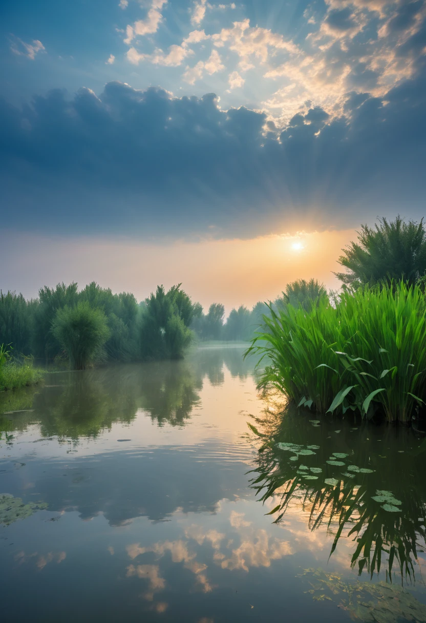early morning,The "Tyndale effect" appears over Qionghai National Wetland Park in Xichang City, Liangshan Prefecture after the rain,Ray tracing,divine light,