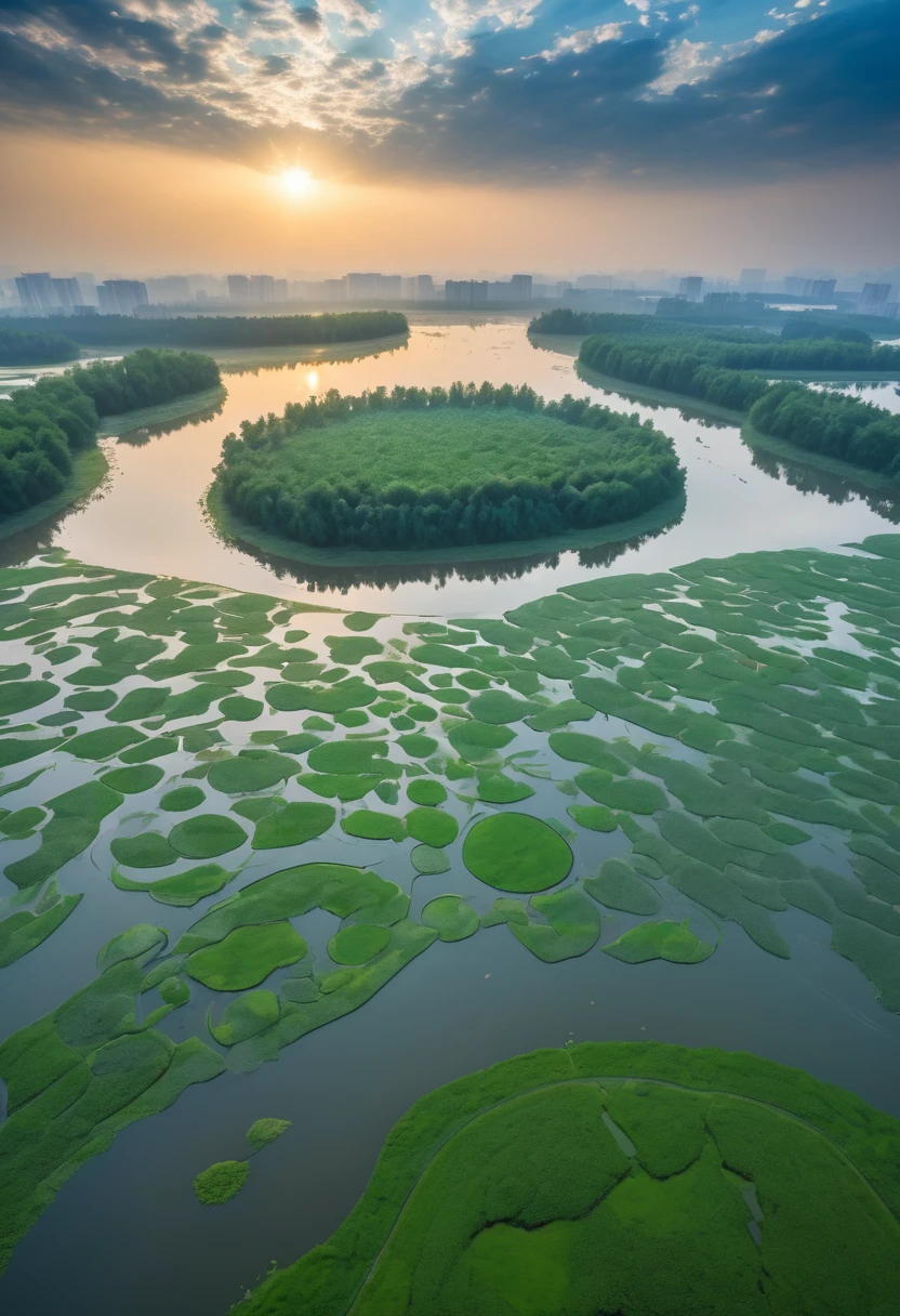 early morning，The &quot;Tyndale effect&quot; appears over Qionghai National Wetland Park in Xichang City, Liangshan Prefecture after the rain，Ray tracing，divine light，