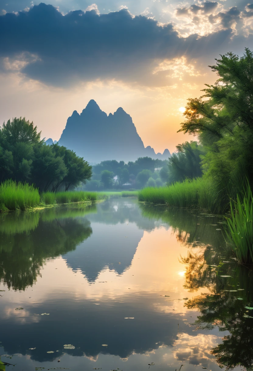 early morning,The "Tyndale effect" appears over Qionghai National Wetland Park in Xichang City, Liangshan Prefecture after the rain,Ray tracing,divine light,