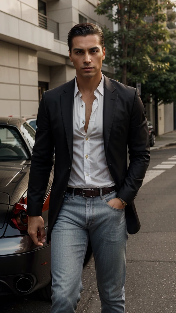 Aqui está o prompt atualizado:

"A handsome and attractive man with a more masculine appearance, short straight hair slicked back, brown eyes, and lightly tanned skin. He is dressed in a stylish dark black blazer, white shirt, and dark jeans, exuding power and confidence. He stands in front of a sleek red Ferrari, parked in an upscale urban environment. The scene captures the essence of luxury and sophistication, with the high-end car and his confident posture. His face is highly realistic, capturing fine details and lifelike expressions."