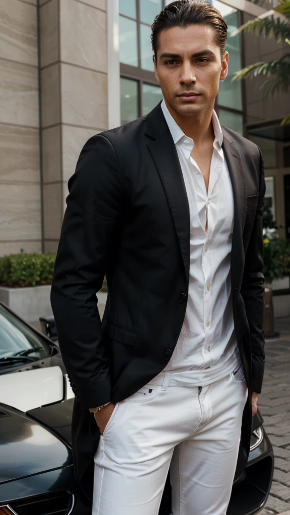 Aqui está o prompt atualizado:
"A handsome and attractive man with a more masculine appearance, short straight hair slicked back, brown eyes, and lightly tanned skin. He is dressed in a stylish dark black blazer, white shirt, and dark jeans, exuding power and confidence. He stands in front of a sleek red Ferrari, parked in an upscale urban environment. The scene captures the essence of luxury and sophistication, with the high-end car and his confident posture. His face is highly realistic, capturing fine details and lifelike expressions."