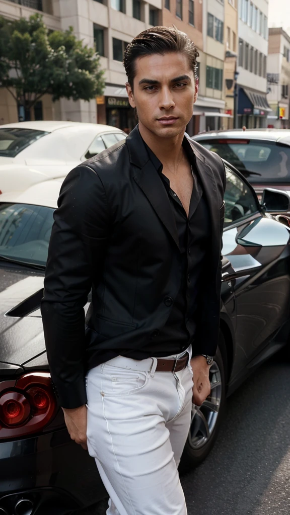 Aqui está o prompt atualizado:

"A handsome and attractive man with a more masculine appearance, short straight hair slicked back, brown eyes, and lightly tanned skin. He is dressed in a stylish dark black blazer, white shirt, and dark jeans, exuding power and confidence. He stands in front of a sleek red Ferrari, parked in an upscale urban environment. The scene captures the essence of luxury and sophistication, with the high-end car and his confident posture. His face is highly realistic, capturing fine details and lifelike expressions."