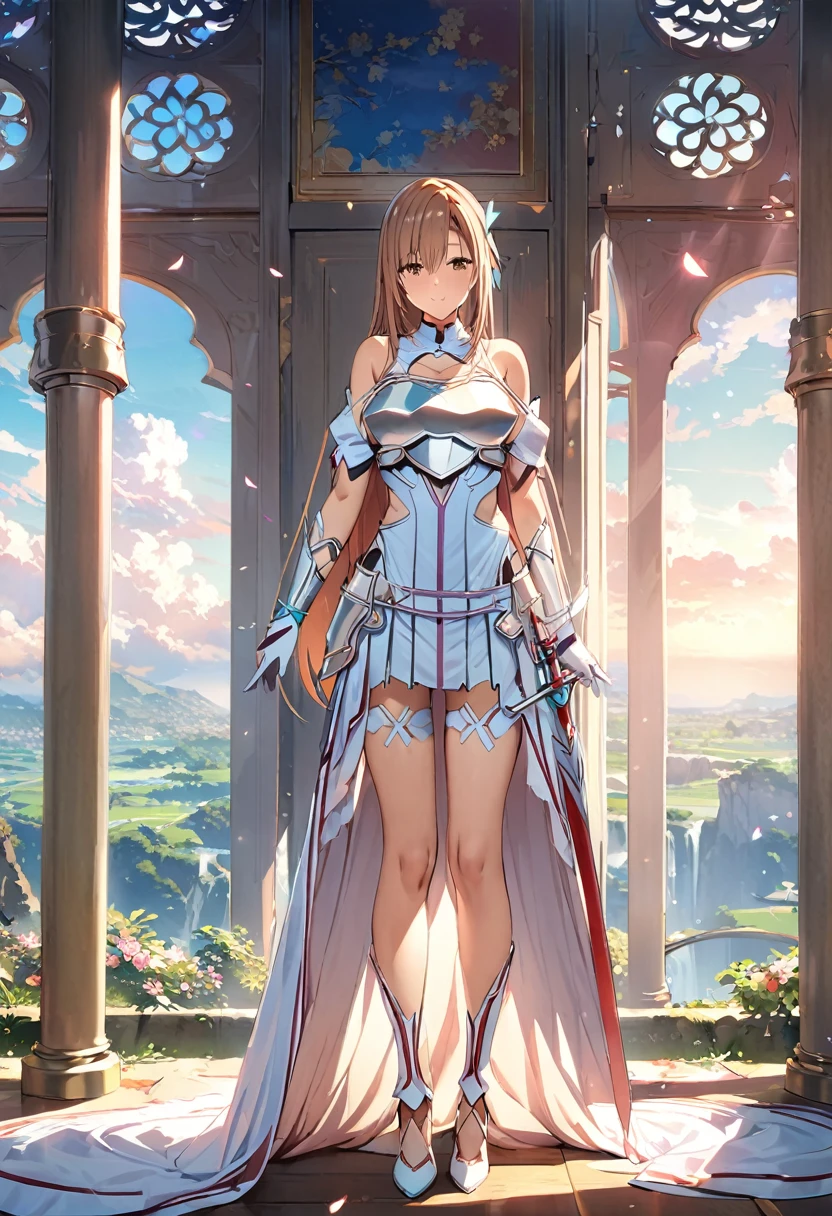 ((masterpiece)), Highest quality, Very detailed,(One Girl),Yuki Asuna、Asuna (stay), brown eyes, bare shoulders, breastplate, armor, detached sleeves, gloves, white gloves, thigh high boots, (red and white dress), Long Hair, Beautiful background ,Clothing,  chest, Full Body