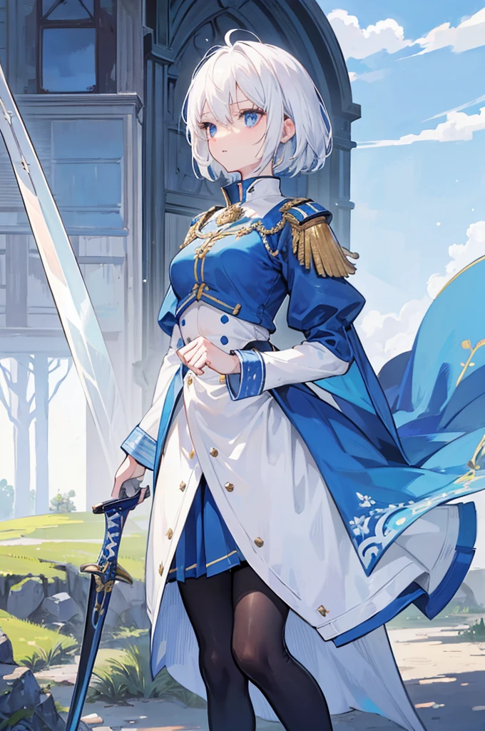 1girl, white hair, short hair, blue eyes, small breasts, adventurer, (white and blue military uniform, center part white, outer part blue, symetrical, no frills), pleated skirt, full body, standing, upright, body facing the viewer, holding a very thin sword vertically in front of her, shining sword, symmetry, medieval setting, small village, wooden buildings, grass, dirt, good proportions, detailed face, looking towards the viewer, determined expression,