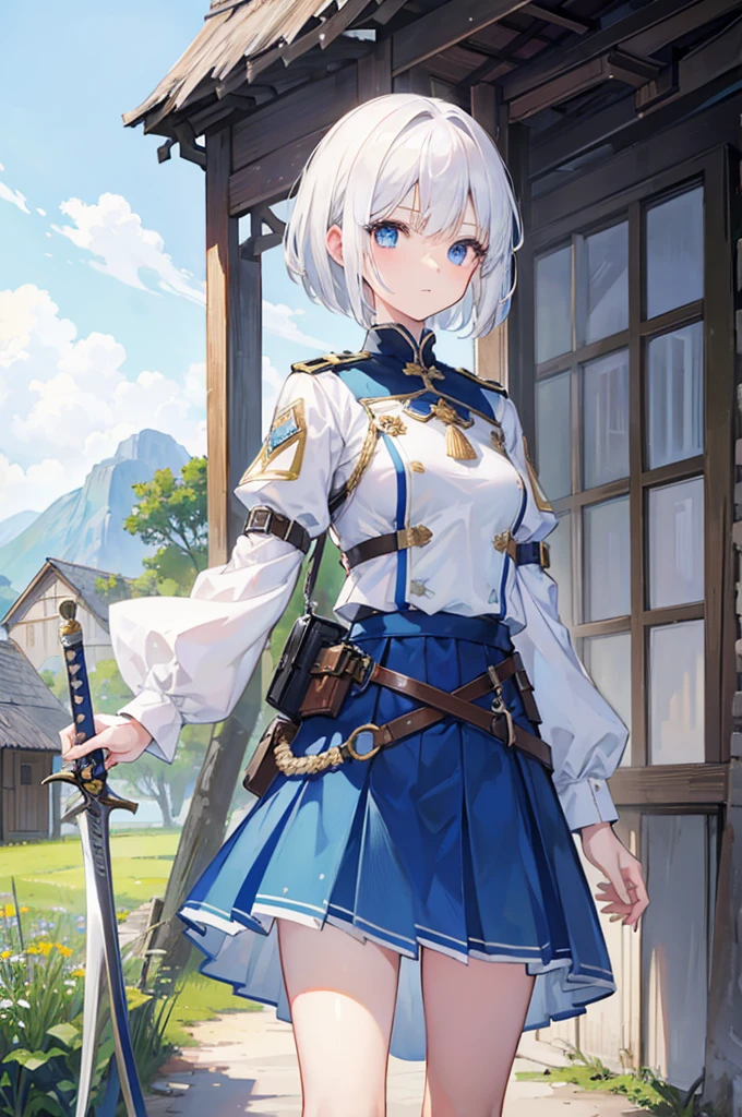 1girl, white hair, short hair, blue eyes, small breasts, adventurer, (white and blue military uniform, center part white, outer part blue, symetrical, no frills), pleated skirt, full body, standing, upright, body facing the viewer, holding a very thin sword vertically in front of her, shining sword, symmetry, medieval setting, small village, wooden buildings, grass, dirt, good proportions, detailed face, looking towards the viewer, determined expression, 
