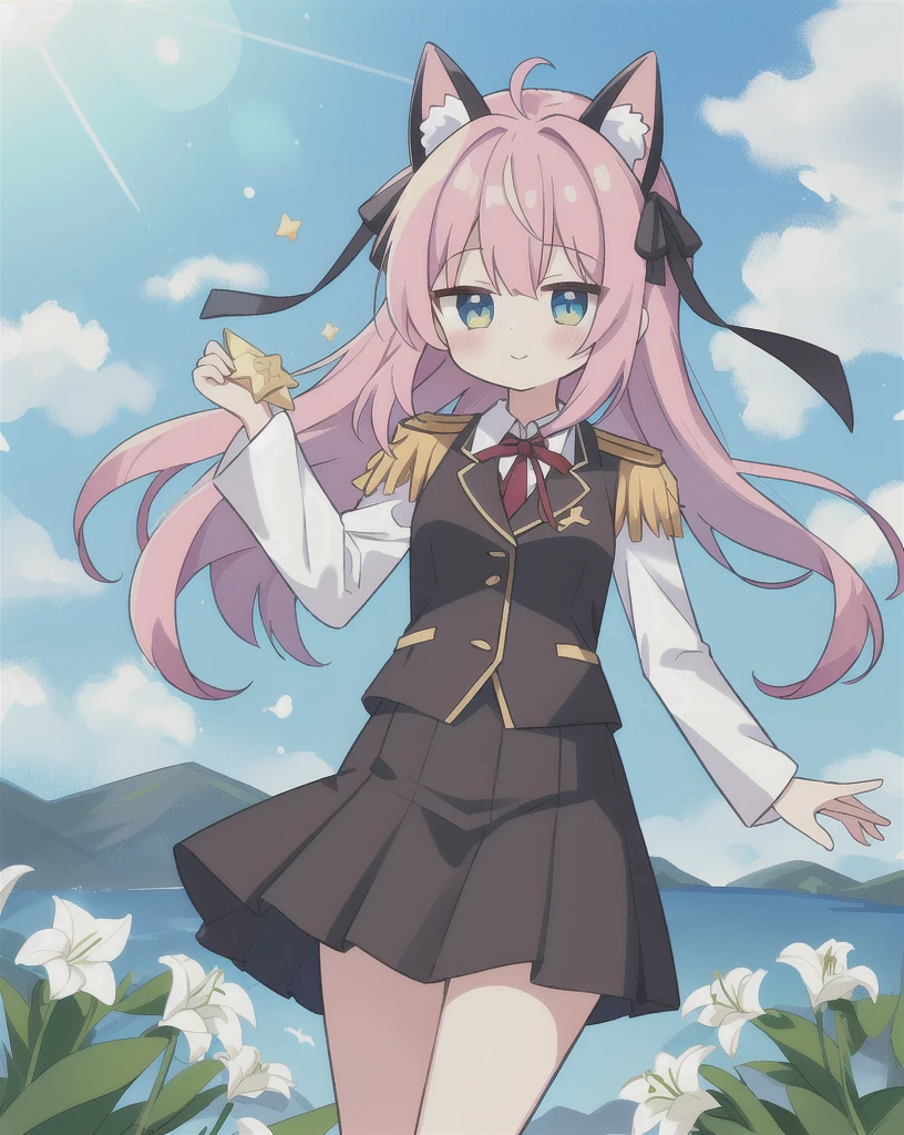 Four Seasons Yinghui,1 Girl, 独自of, 黑色of_skirt, 长of_sleeve, pole_of_remorse, 黑色of_High Leg Raise, Ribbon-trimmed_skirt, _lily, 褶边of_hexist, 蓝色of_Vest, 白色of_shirt, closure_Mouth, cowboy_shooting, Watching_exist_Viewer, 红色of_flower, 蓝色of_Headdress, 黑色of_Headdress, Keep, absolute_Liang Kee, 白色of_Ribbon, permanent, 红色of_bow, outdoor, 红色of_Ribbon, 宽of_sleeve, Sky, Epaulettes, 褶边of_skirt
star-shaped_student,Symbol_student,. 华丽of,key point, Energetic, Studio anime,The award-winning, professional, Very detailed,High Budget, Widescreen