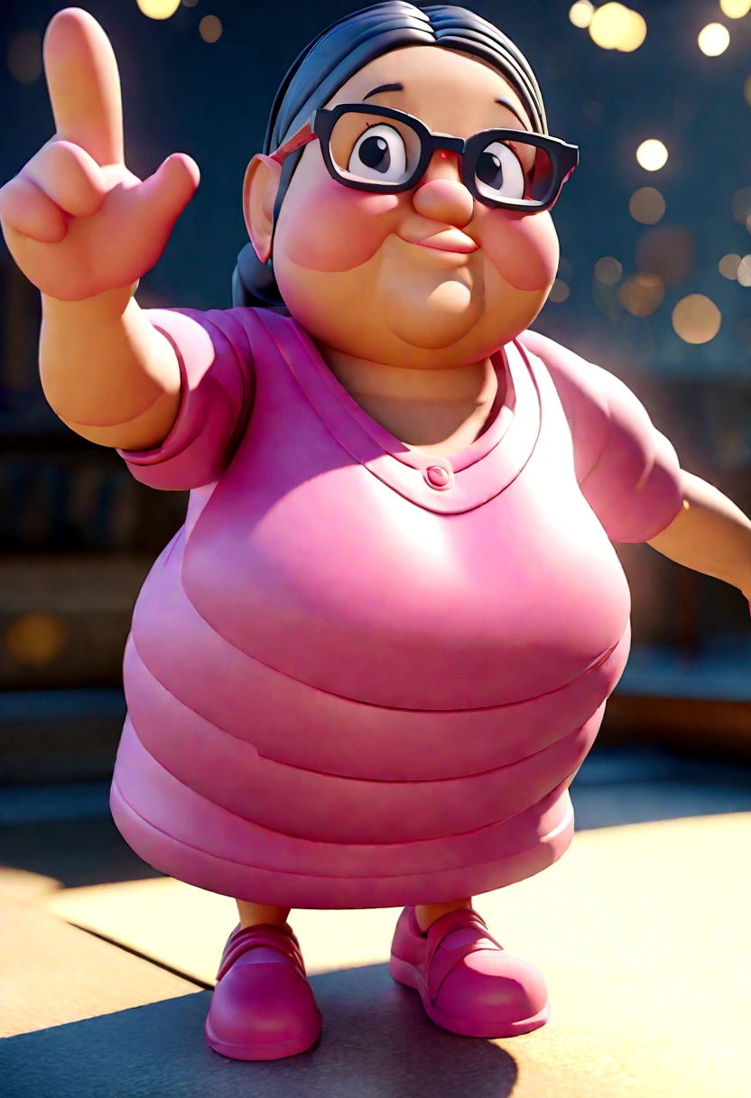 Cartoon character of a chubby woman with pimples on her face in glasses and pink t-shirt, animation character, stylized character, animation style rendering, 3d stylized, Arnold Maya rendering, Stylized 3D rendering, toon render screenshot, 3d character, 3d character, Stylized 3D rendering, 3D character rendering, cartoon character, Personagem de close up, character posing, (Pixar-style) (master part:1.2) (bokeh) (best qualityer) (skin detailed) (detailed texture) (8K) (Argilla) (cinematic lighting) (sharp focus