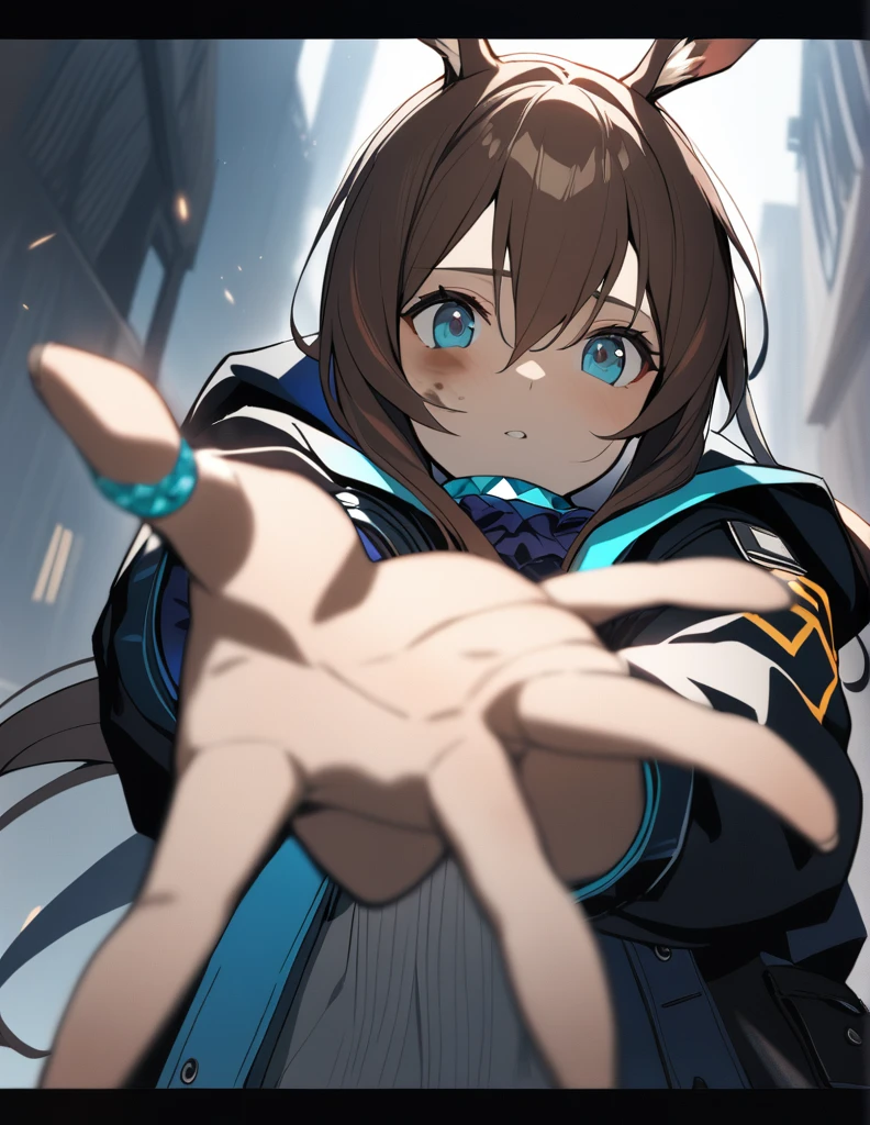 1girl, amiya \(arknights\), arknights, dirty face, outstretched hand, close-up, cinematic angle, foreshortening, dark, dark background, masterpiece, best quality