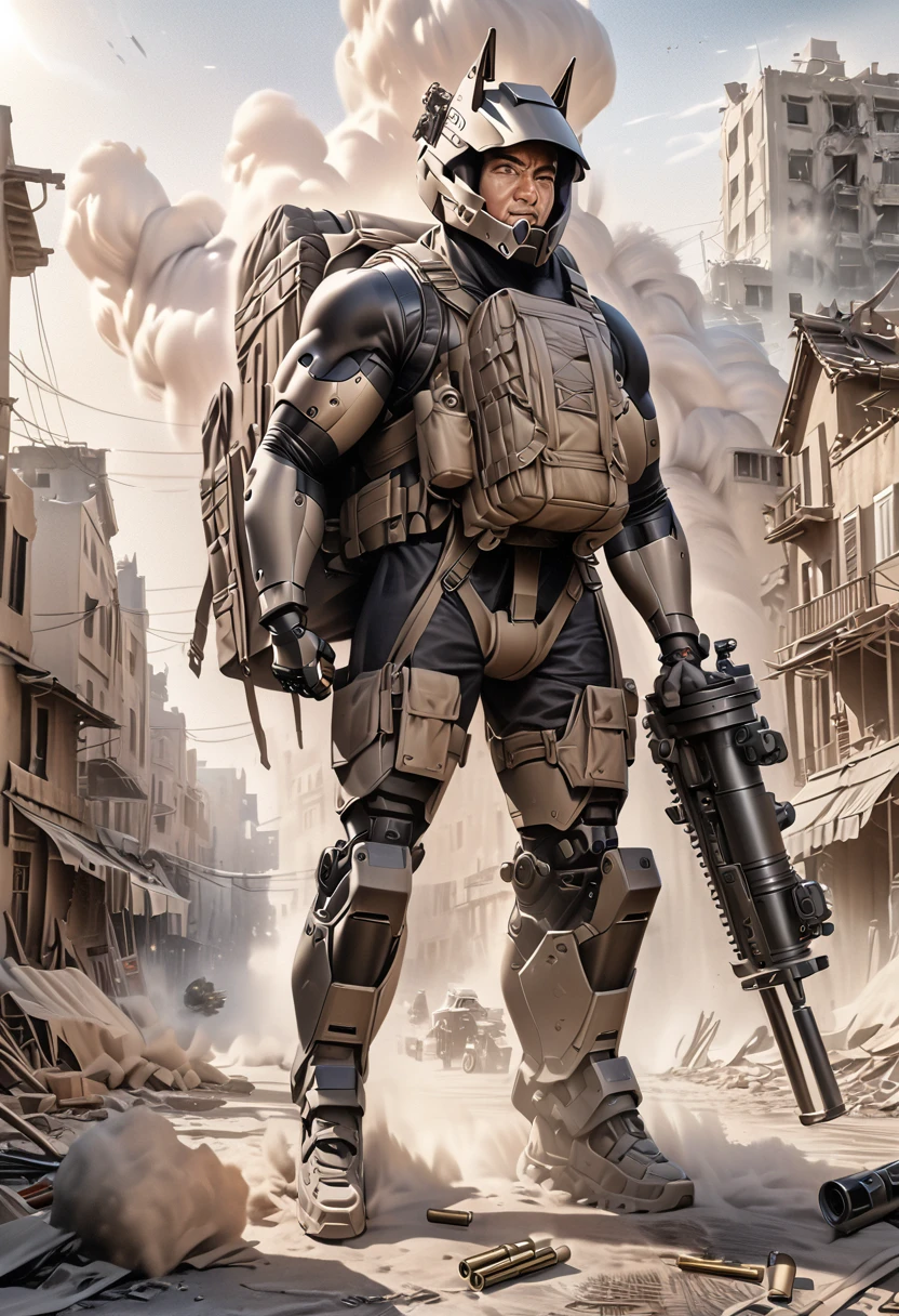 a humanoid military robot 2 meters tall with a helmet-shaped head and goggle mono-eye, detailed highly bullet-resistant reactive urban camouflage faded armor, backpack holding weapons and ammunition, Gatling gun on one arm with bullet supply belt and empty cartridges, ruined town background with fog, gunpowder and dust, tension, (best quality,4k,8k,highres,masterpiece:1.2),ultra-detailed,(realistic,photorealistic,photo-realistic:1.37),concept art,ultra-fine painting,movie-like lighting