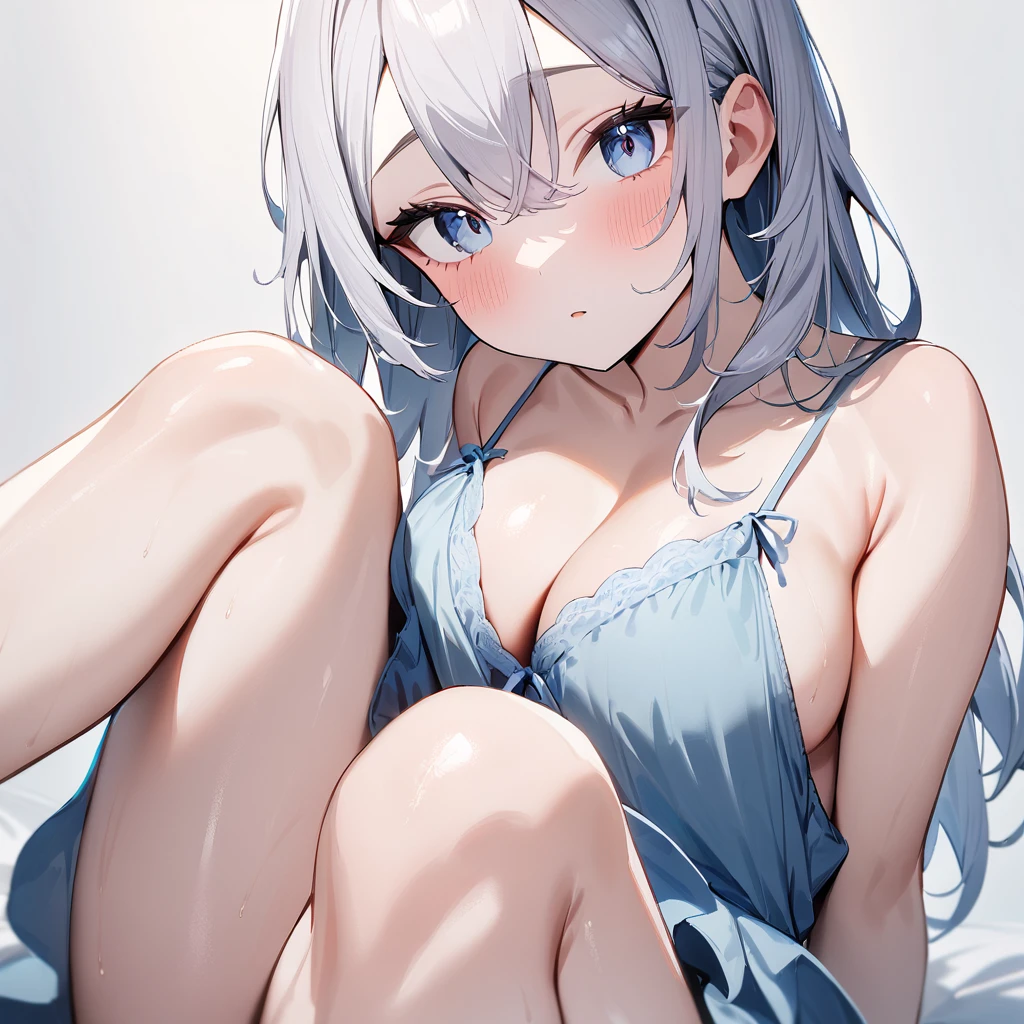 1girl,pale hair,Crevice,Cleavage,sideboob,pallid,pale colors,pale eyes,masterpiece,best quality,very aesthetic,absurdres,blue eyes,nightgown,apart,(Navy blue panties),(lift),(knees up),Black pupil,shiny hair,shiny skin,