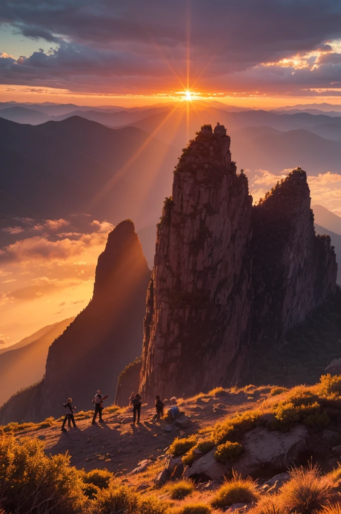Image of a musical band with three components on the mountain with the sunset behind and many rays of light and fire, that refer to rock metal
