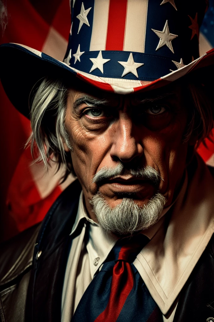 A powerful, bold portrait of Uncle Sam, a symbol of American patriotism and propaganda, dramatic lighting, gritty textures, vibrant colors, dramatic composition, thought-provoking message, masterful digital painting, cinematic atmosphere, high contrast, dynamic pose, intense gaze