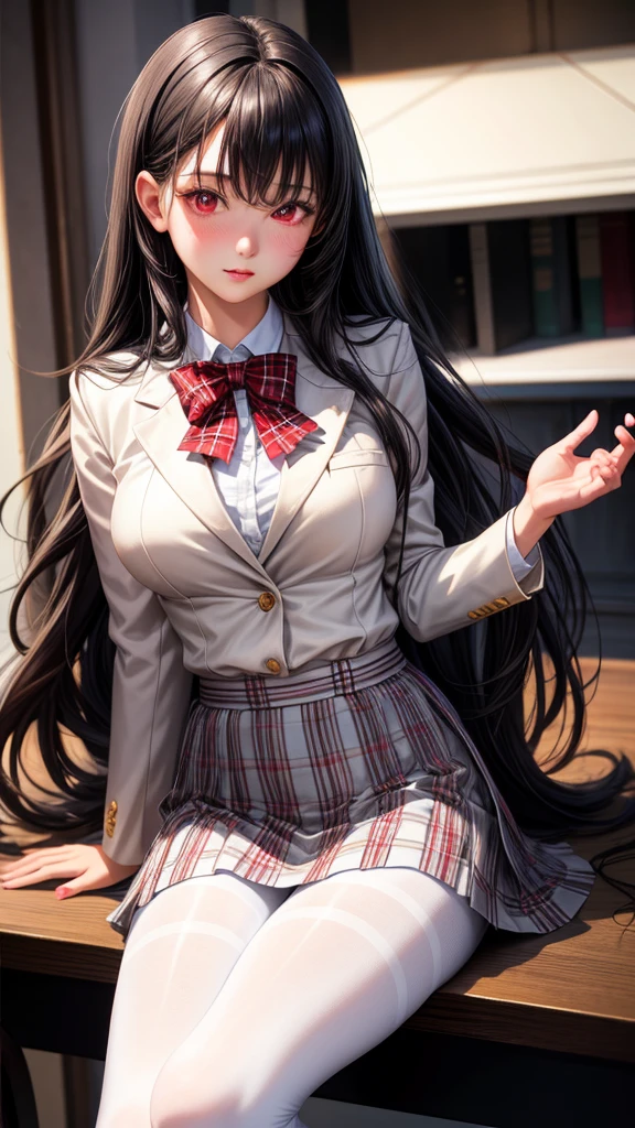 realistic, 1girl, long black hair, red eyes, glowing eyes, white blazer, white plaid skirt, pantyhose, blush, table