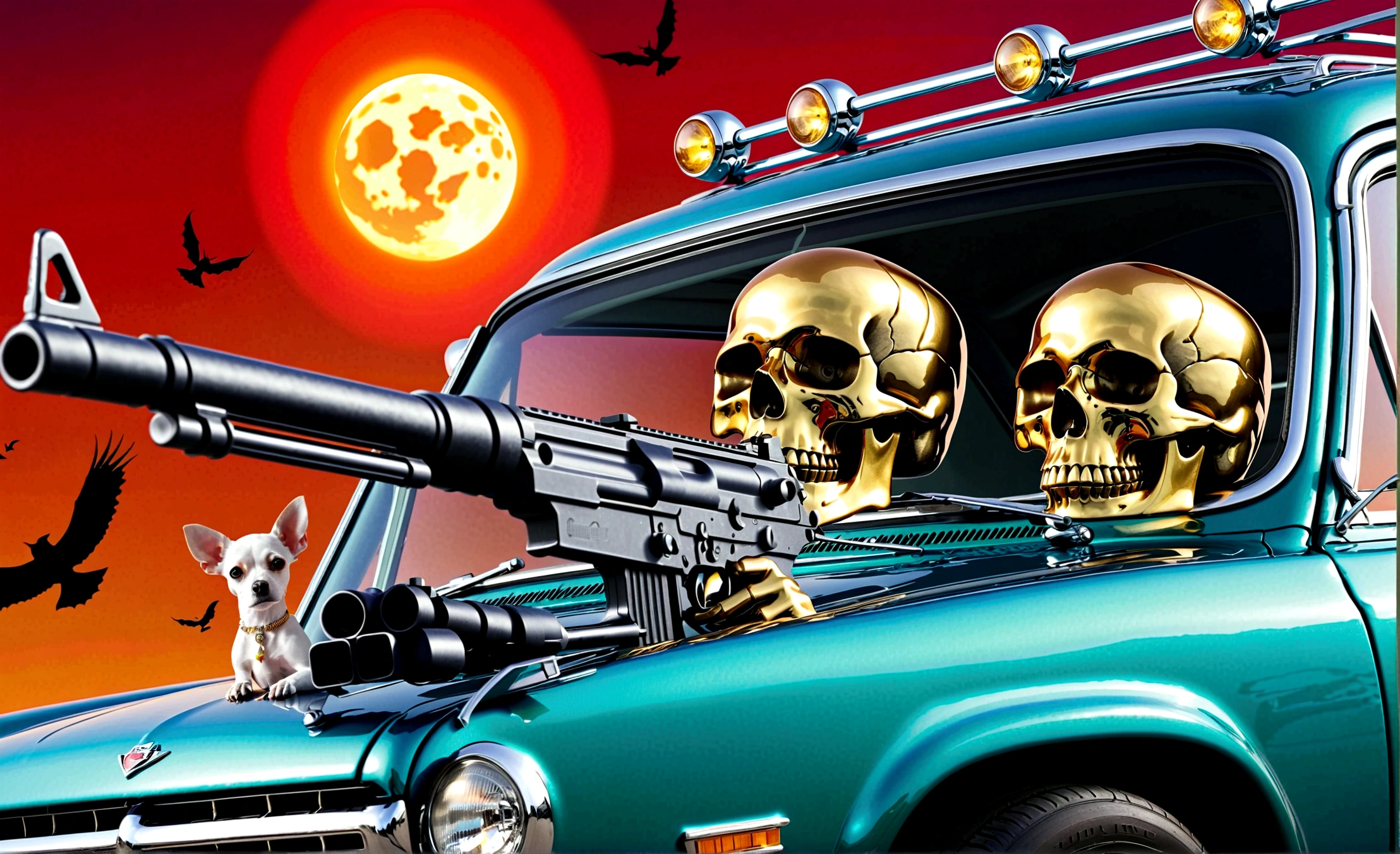 Two skulls on the cover of a spooky style music album with cars, machine guns, dogs and shiny jewelry